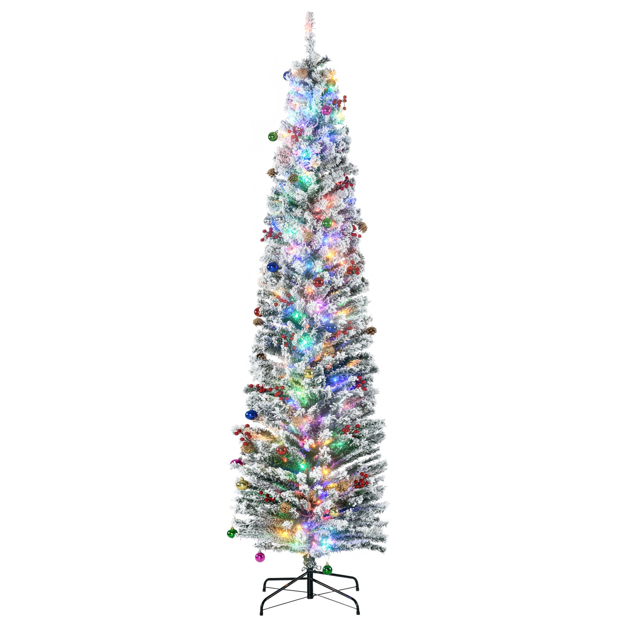 HOMCOM 7.5' Artificial Prelit Christmas Trees Holiday D\'c3\'a9cor with Colourful LED Lights, Flocked Tips, Berry, Pine Cone