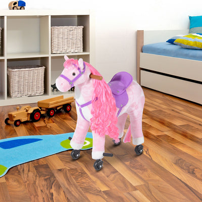 HOMCOM Plush Walking Horse Ride On Toy with Wheels and Realistic Sounds Rocking Horse for Girls Boys 3+ Years Old, 50cm Tall, Pink 