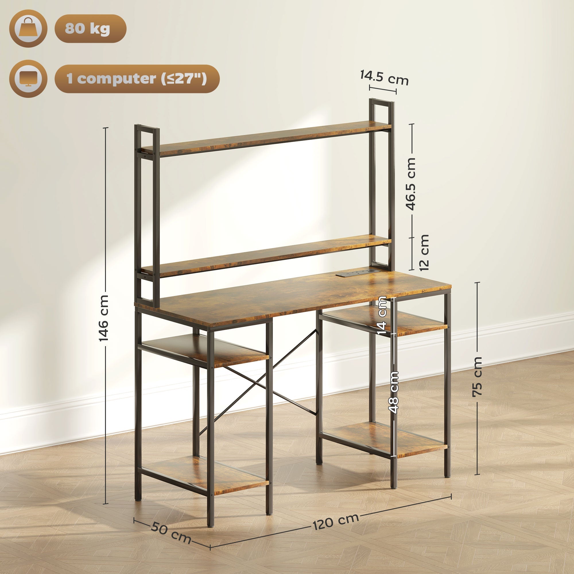 HOMCOM Computer Desk with Power Outlets and LED Lights, Home Office Desk with Monitor Stand and 2 CPU Stands, Study Table Gaming Desk with Hutch, Rustic Brown 