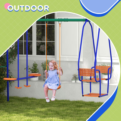 Outsunny Three-In-One Kids Metal Swing Set with Swing, Glider, Rocking Chair Swing, for Ages 3+ years - Orange and Blue 
