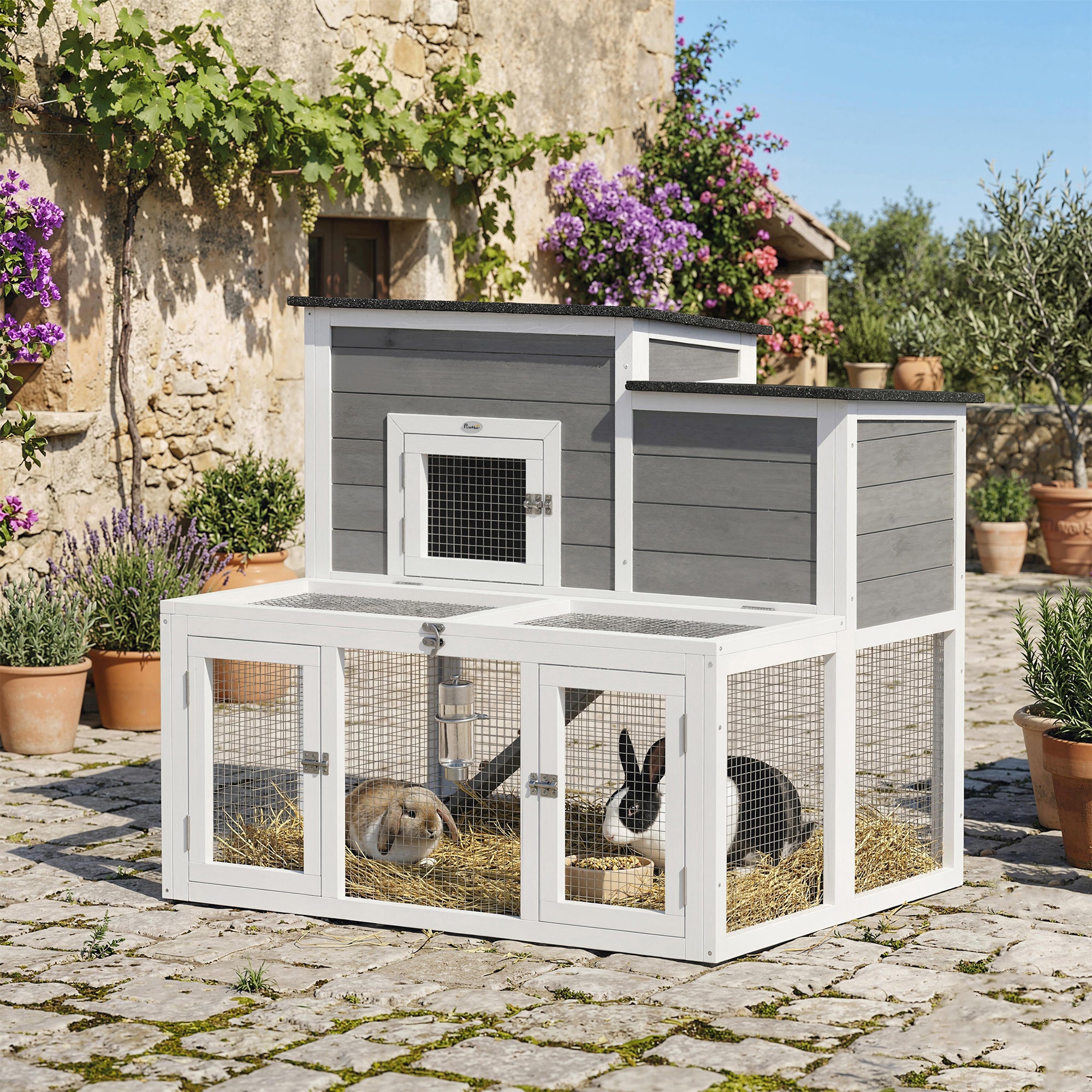 PawHut Wooden Rabbit Hutch, Indoor Outdoor Bunny Cage with Waterproof & Openable Roof, Pull Out Tray and Ramp, Guinea Pig Hutch 