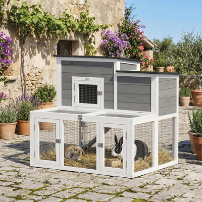 PawHut Wooden Rabbit Hutch, Indoor Outdoor Bunny Cage with Waterproof & Openable Roof, Pull Out Tray and Ramp, Guinea Pig Hutch 