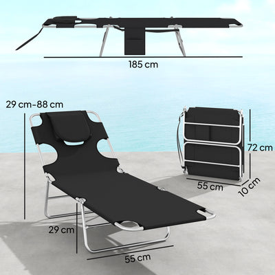Outsunny 5-Position Adjustable Sun Loungers Set of 2 with Reading Hole and Side Pocket, Black 
