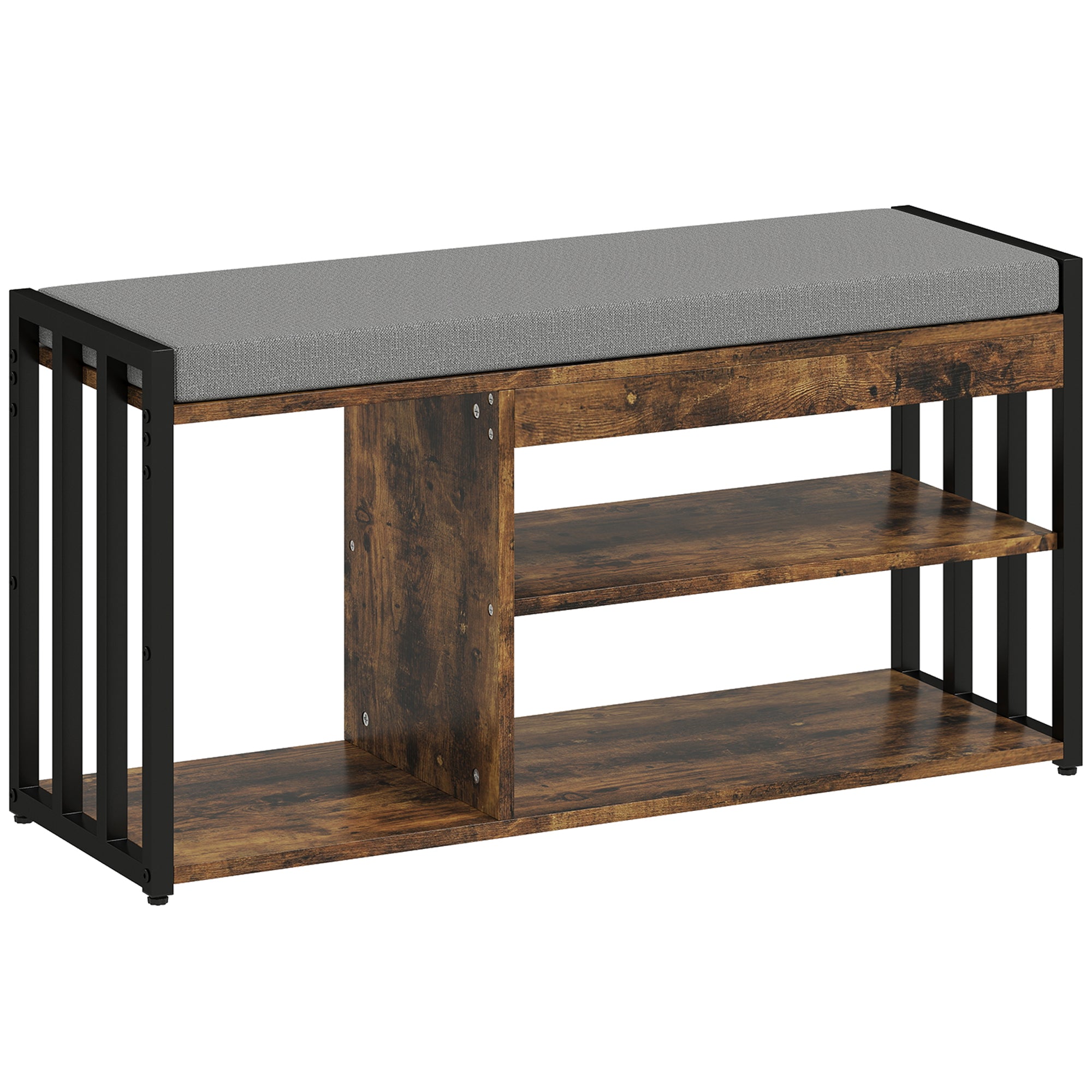 HOMCOM Shoe Storage with Seat, Upholstered Entryway Bench, Shoe Bench with 3 Open Shelves for Hallway, Rustic Brown 