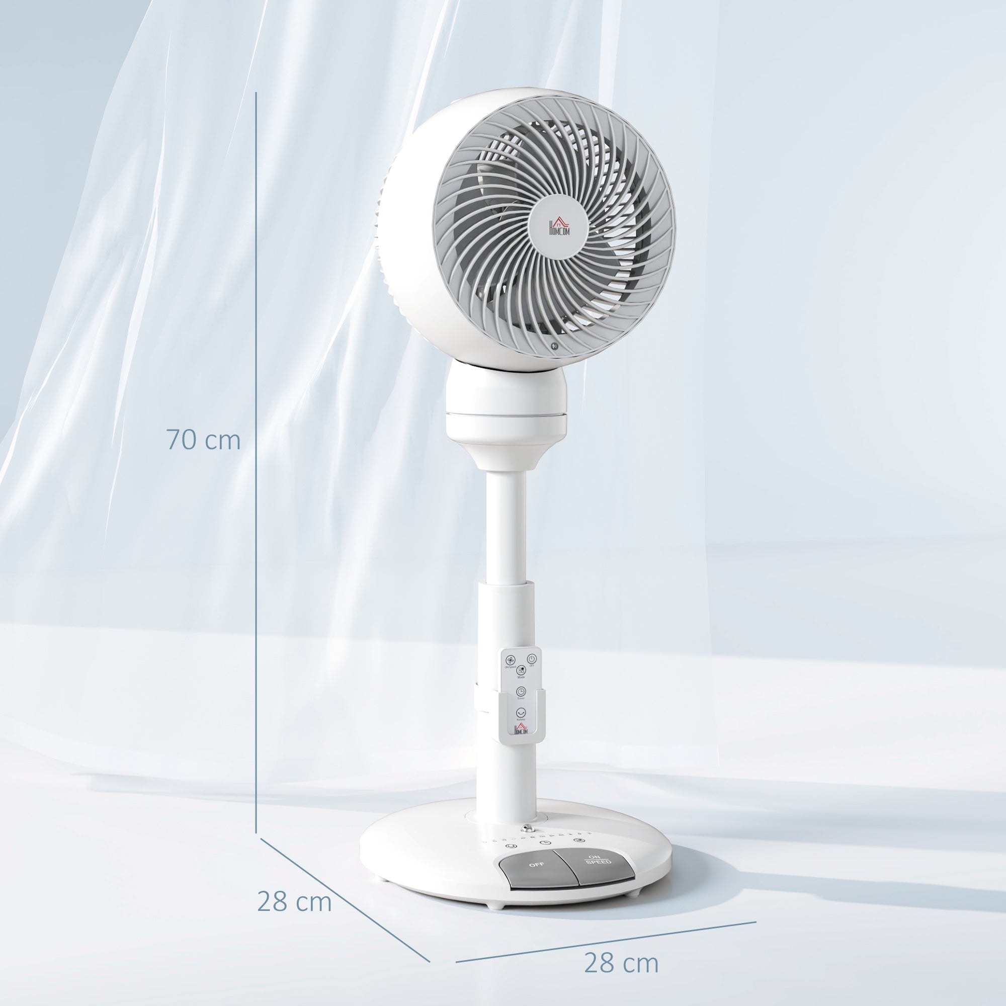 HOMCOM 9'' Air Circulator Fan 3 Speed 3 Mode, 70\'c2\'b0 Oscillation 90\'c2\'b0 Vertical Tilt, Height Adjustable, Remote Controller, for Living Room, Bedroom, Office, White