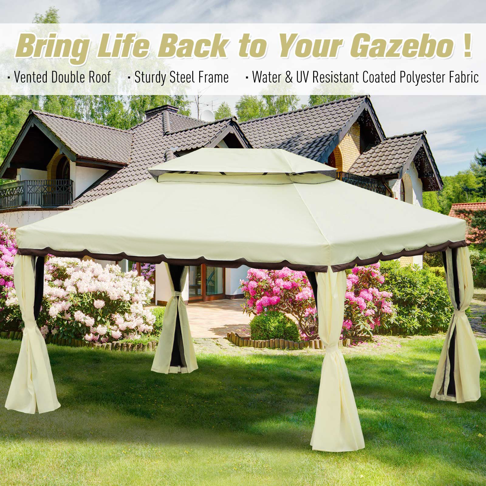Outsunny 4 x 3 m Aluminum Garden Gazebo, Double Roof Outdoor Gazebo Canopy Shelter with Netting & Curtains for Garden, Lawn, Backyard and Deck, Cream 
