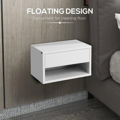 HOMCOM 2 Pieces Bedside Table Wall Mounted Nightstand with Drawer and Shelf for Bedroom, 37 x 32 x 21cm, High Gloss White 