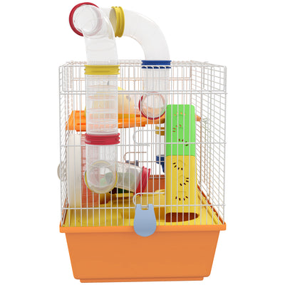 PawHut 3 Tiers Gerbil Cage, Hamster Cage with Tubes, Exercise Wheel, Ladder, Top Handle, 45 x 28 x 37cm - Orange 
