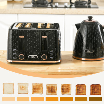 HOMCOM 1.7L 3000W Fast Boil Kettle & 4 Slice Toaster Set, Kettle and Toaster Set with 7 Browning Controls, Crumb Tray, Black 
