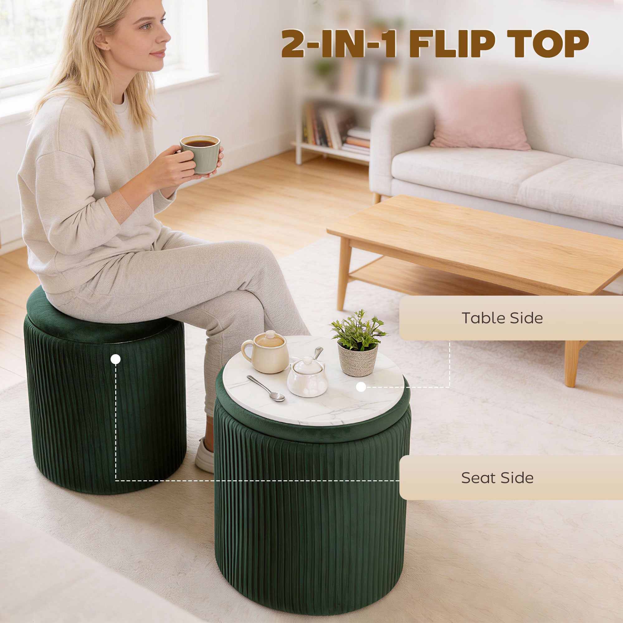 HOMCOM Storage Ottoman Modern Velvet Round Foot Stool for Living Room Bedroom 45 cm Dark Green 