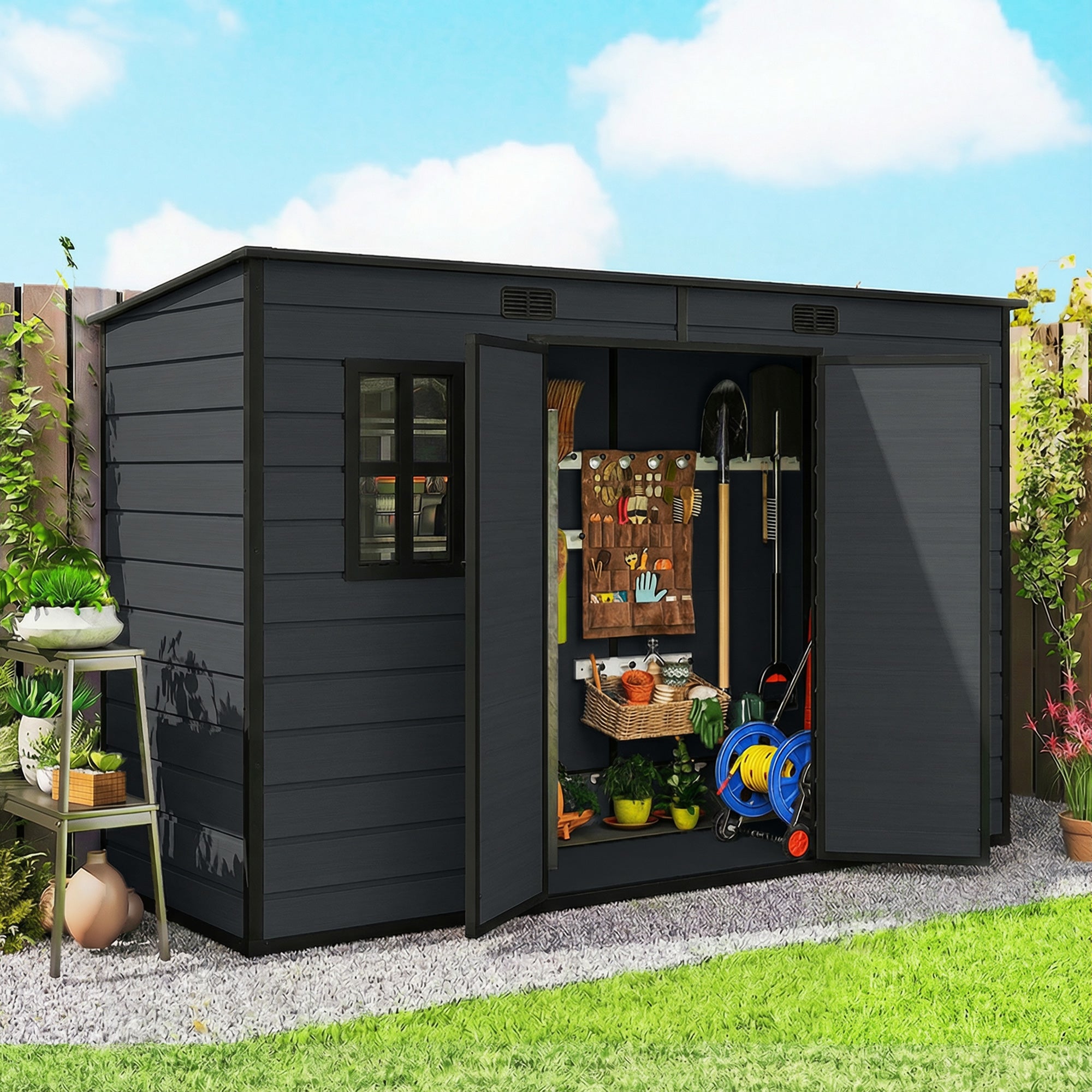 Outsunny 10 x 4 ft Resin Garden Shed, Outdoor Storage Shed with Floor, Windows, Lockable Doors and Vents, Dark Grey 