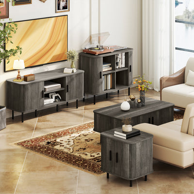 HOMCOM Coffee Table with Storage, Living Room Table with Slatted Tambour Sliding Doors and Foot Pads, Rectangular Coffee Table with Elevated Base for Living Room, Grey Wood-Effect 