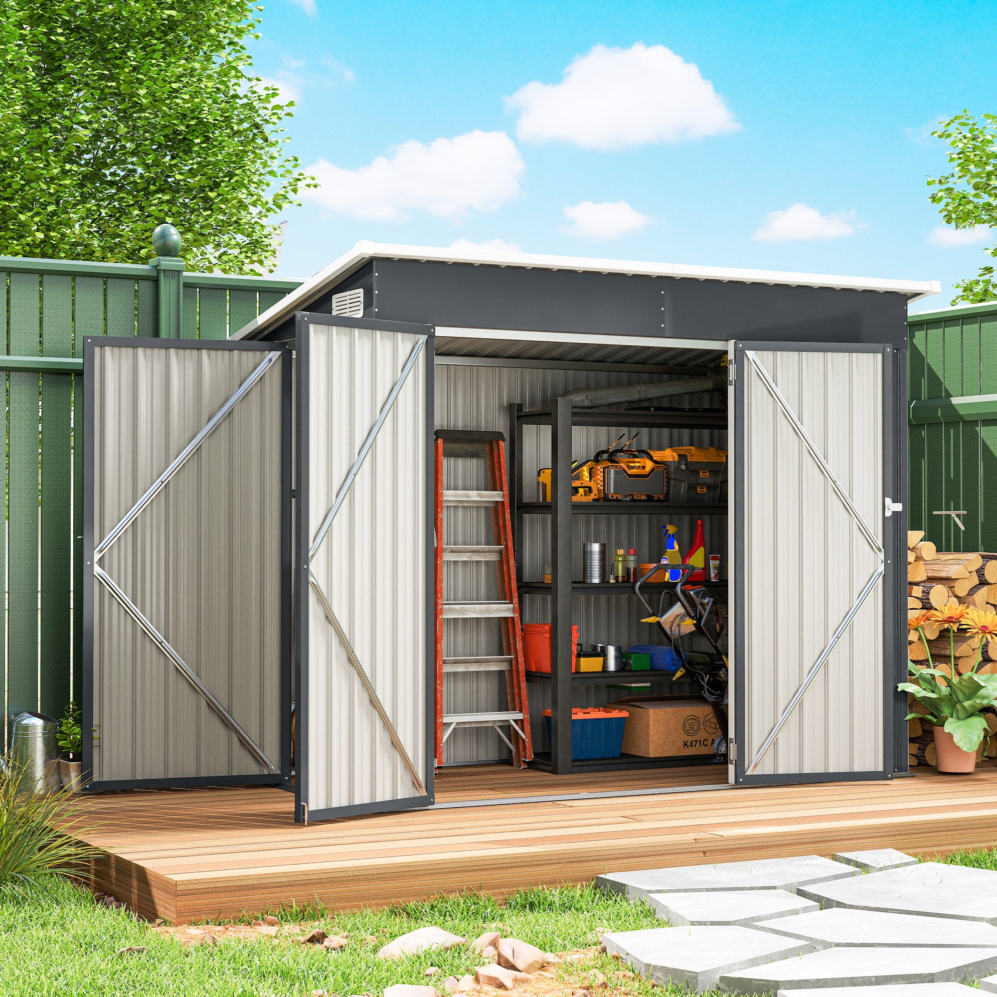 Outsunny 7.5 x 4.3ft Metal Garden Storage Shed, Waterproof Outdoor Shed with Triple Lockable Door, Gloves, Vents, Dark Grey 