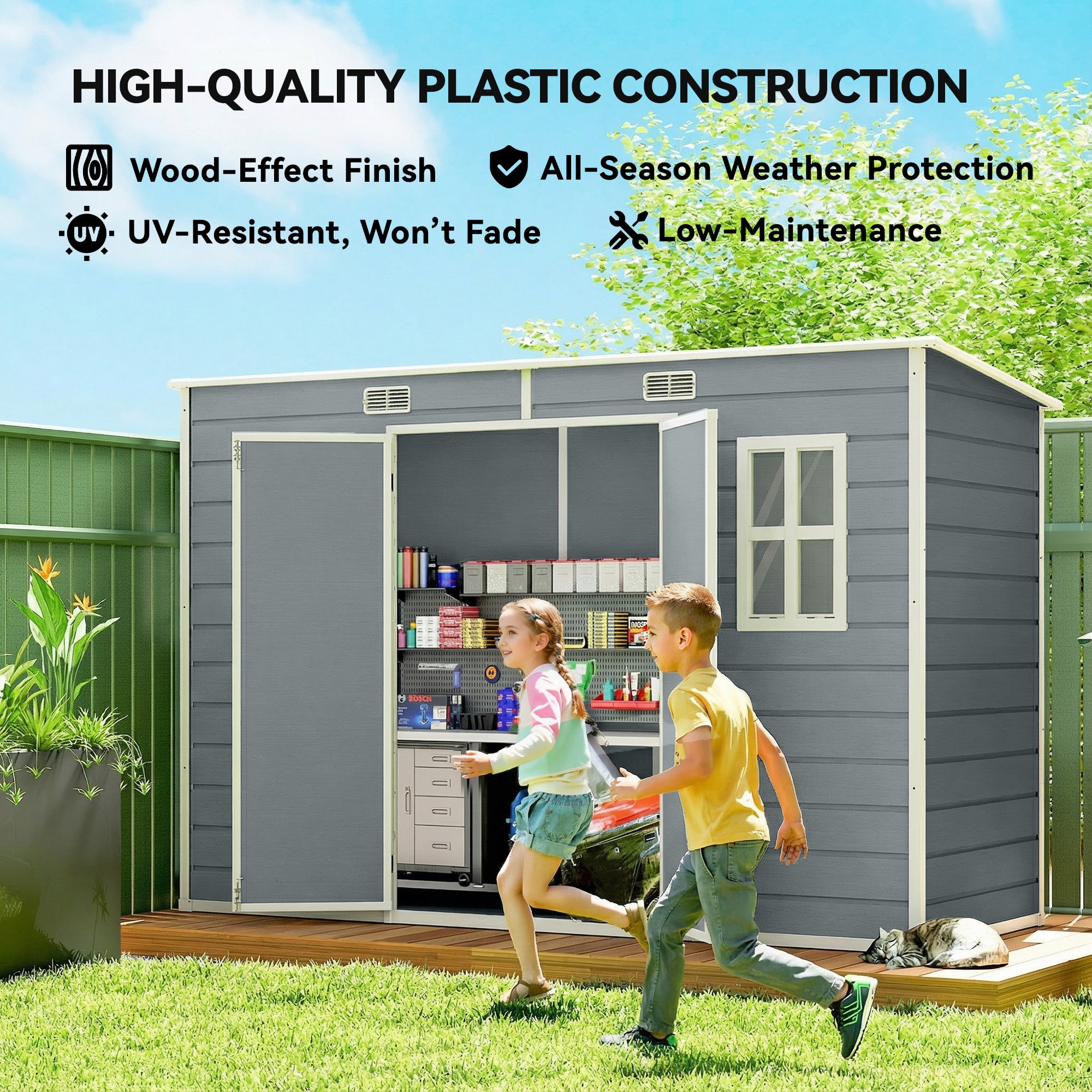 Outsunny 10 x 4 ft Resin Garden Shed, Outdoor Storage Shed with Floor, Windows, Lockable Doors and Vents, Grey 