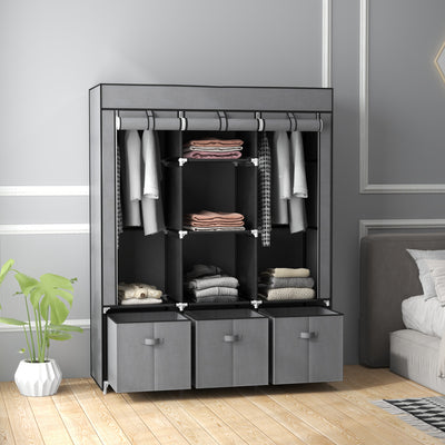 HOMCOM Fabric Wardrobe for Bedroom, Portable Wardrobe with 5 Shelves, 2 Hanging Rails and 3 Fabric Drawers, Foldable Closet, 125 x 43 x 162.5cm, Dark Grey 