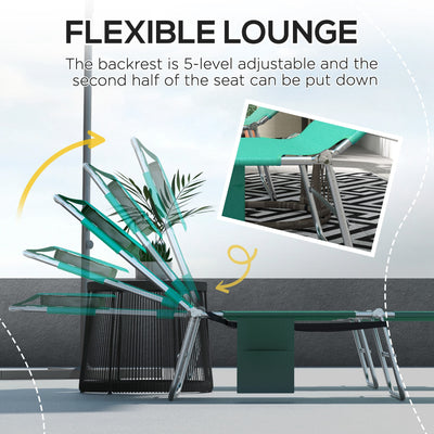 Outsunny Foldable Sun Lounger Set of 2 with Reading Hole, Portable Sun Lounger with 5 Level Adjustable Backrest, Reclining Lounge Chair with Side Pocket, Headrest Pillow, Green 