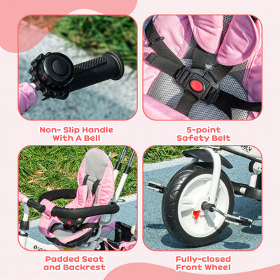 HOMCOM 6 in 1 Kids Trike Push Bike w/ Push Handle, Canopy, 5-point Safety Belt, Storage, Footrest, Brake, for 1-5 Years, Pink 