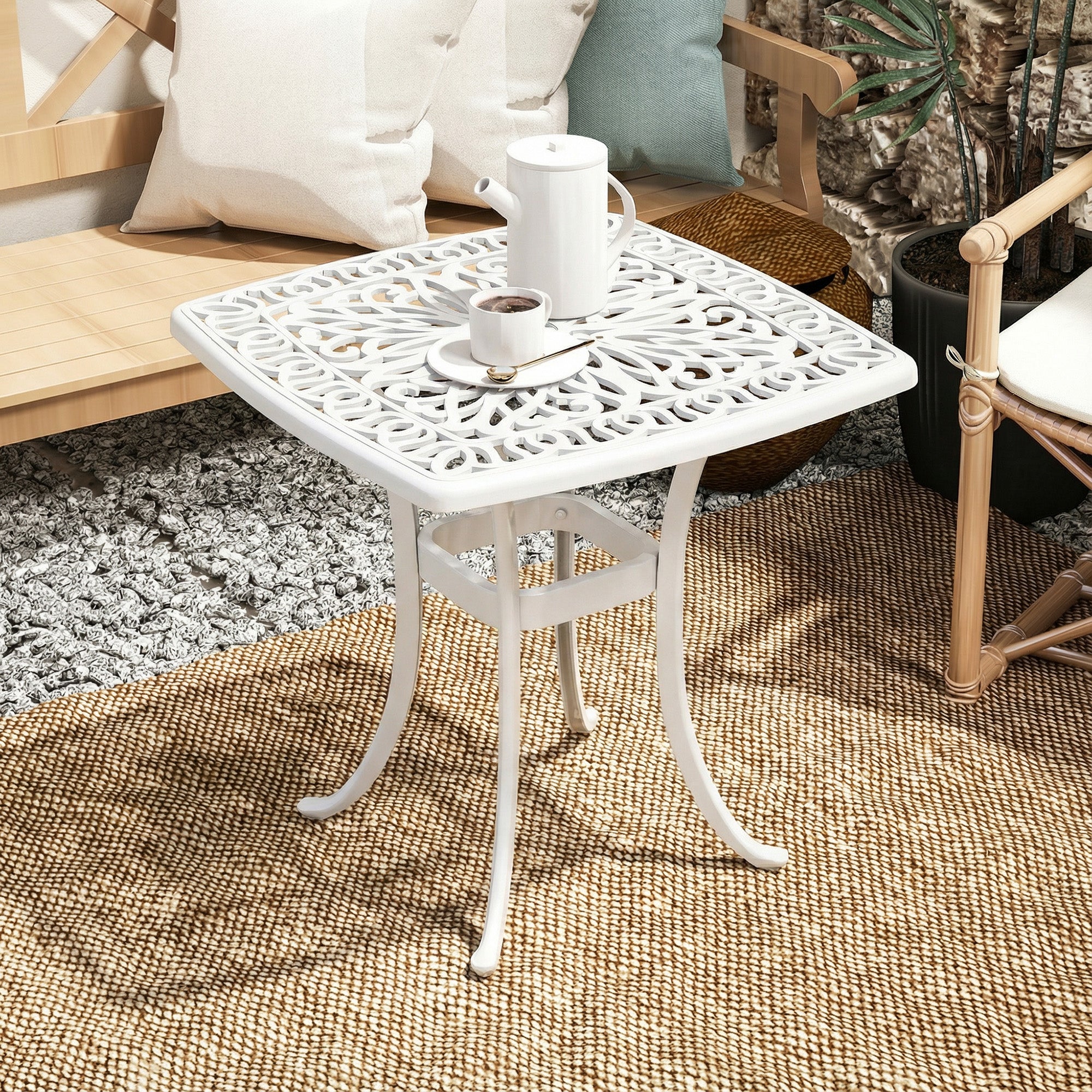 Outsunny Outdoor Garden Table with 38mm Dia. Umbrella Hole, Cast Aluminium Patio End Table with Anti-slip Foot Pads for Garden 