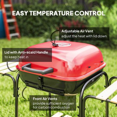 Outsunny Charcoal Barbecue Grill Portable BBQ Grill with 1840 cm² Cooking Area, 3 Shelves, Adjustable Vent, Lockable Lid, Wheels for Outdoor Cooking, Garden Party, Red 