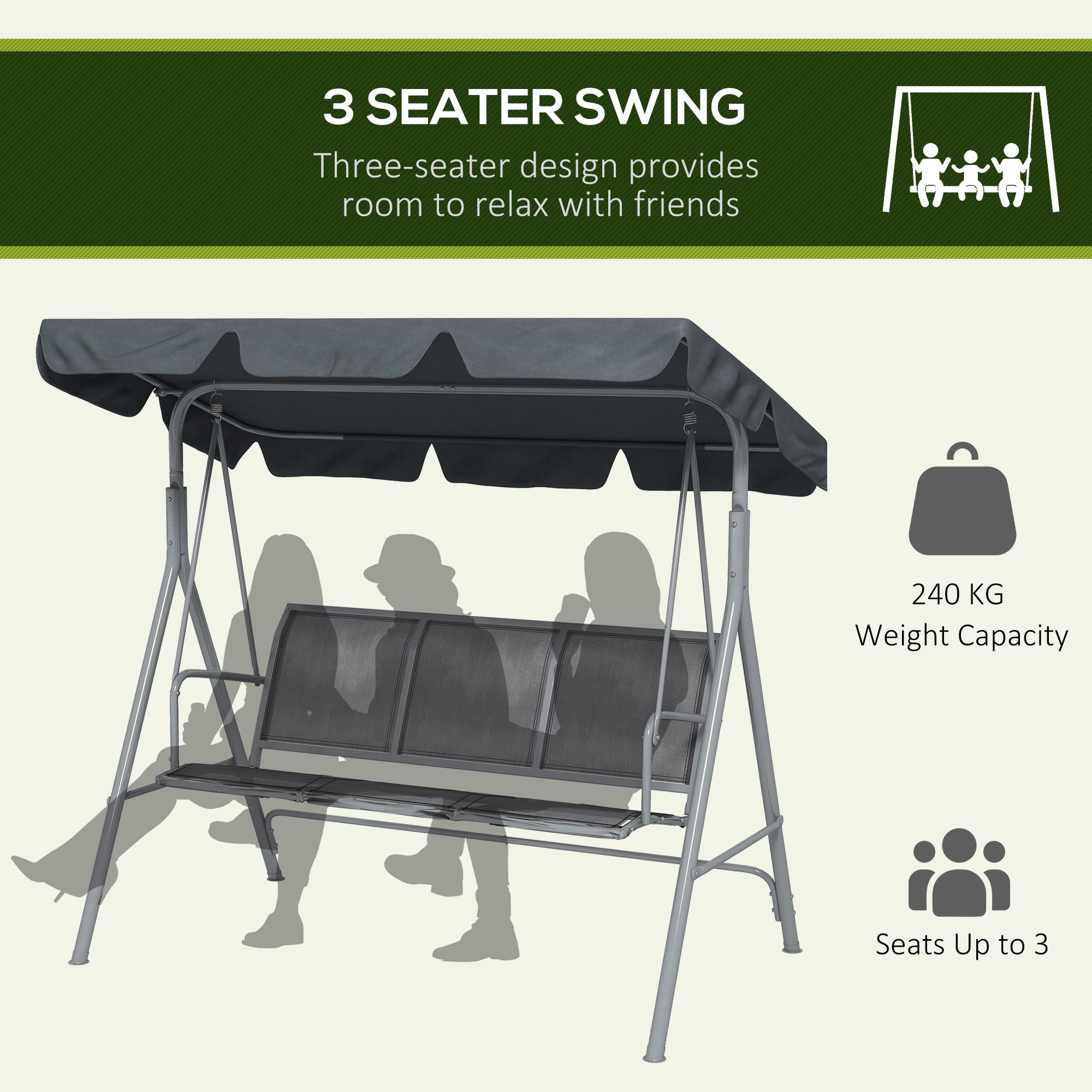 Outsunny 3 Seater Swing Chair, Garden Swing Bench with Adjustable Tilting Canopy, Breathable Mesh Seat and Heavy Duty Metal Frame for Patio, Garden, Dark Grey 