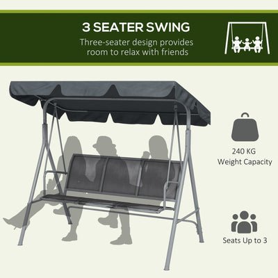 Outsunny 3 Seater Swing Chair, Garden Swing Bench with Adjustable Tilting Canopy, Breathable Mesh Seat and Heavy Duty Metal Frame for Patio, Garden, Dark Grey 