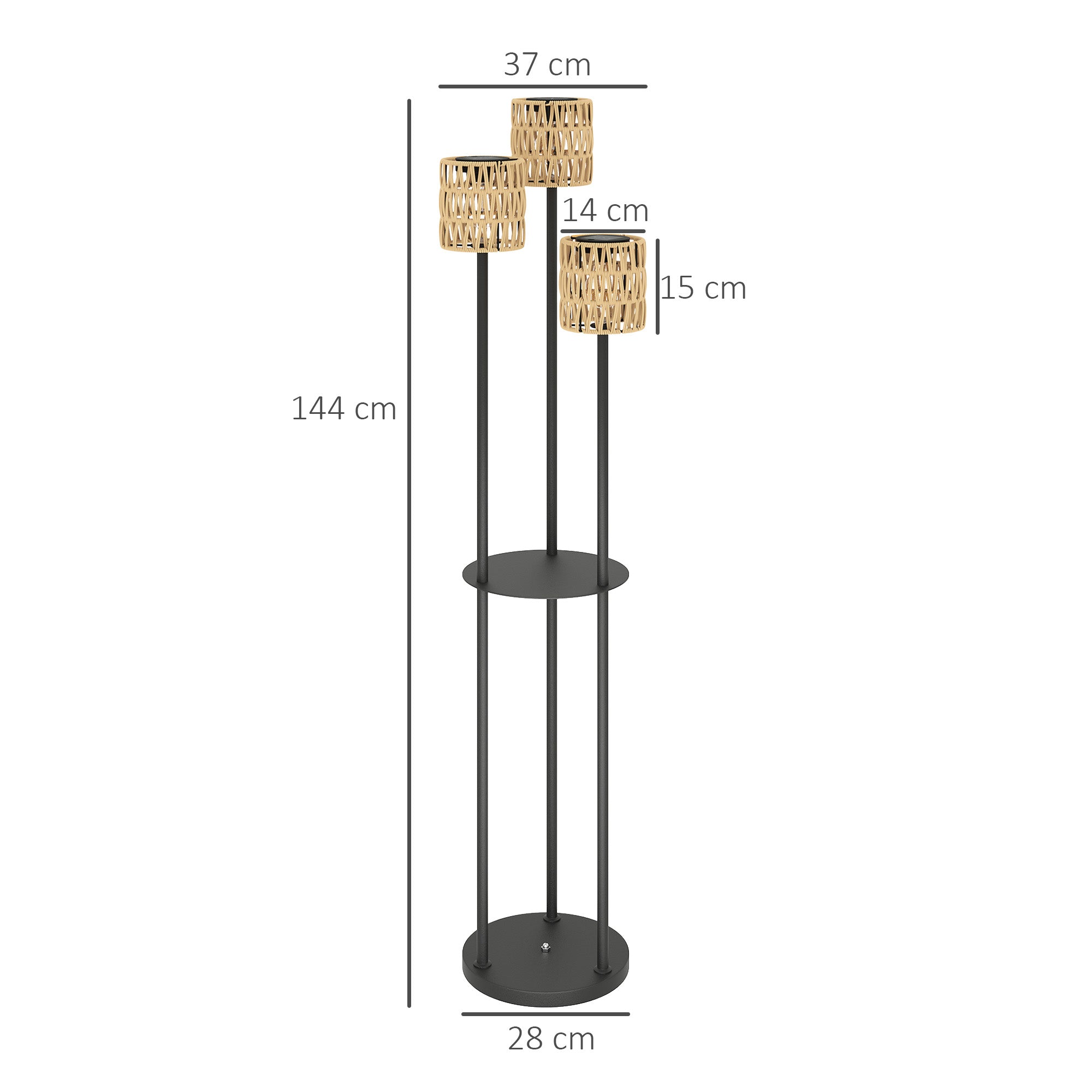 Outsunny Boho Rattan Floor Lamp, 3-Lights Rattan Lamp with Shelf, Freestanding Solar Garden Light with Auto On/Off Lights, IP44 Waterproof for Porch, Pathway, Deck, Yellow 