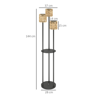 Outsunny Boho Rattan Floor Lamp, 3-Lights Rattan Lamp with Shelf, Freestanding Solar Garden Light with Auto On/Off Lights, IP44 Waterproof for Porch, Pathway, Deck, Yellow 