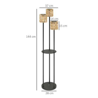 Outsunny Boho Rattan Floor Lamp, 3-Lights Rattan Lamp with Shelf, Freestanding Solar Garden Light with Auto On/Off Lights, IP44 Waterproof for Porch, Pathway, Deck, Yellow 