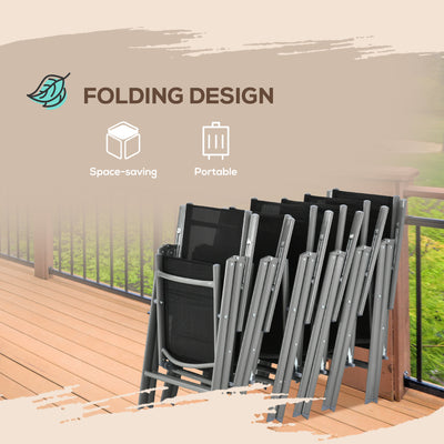 Outsunny 7 Piece Garden Dining Set, Outdoor Table and 6  Folding and Reclining Chairs, Aluminium Frame, Tempered Glass Top Table, Texteline Seats, Black 