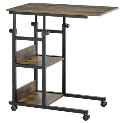 HOMCOM C-Shaped Side Table Industrial Mobile Rolling End Desk with 3-Tier Storage Shelving, Adjustable Height, Wheels 