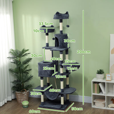 PawHut 206cm Cat Tree, Multi-Level Cat Tower with Scratching Posts and Board, Beds, Condos, Platforms, Toy Balls, Dark Grey 