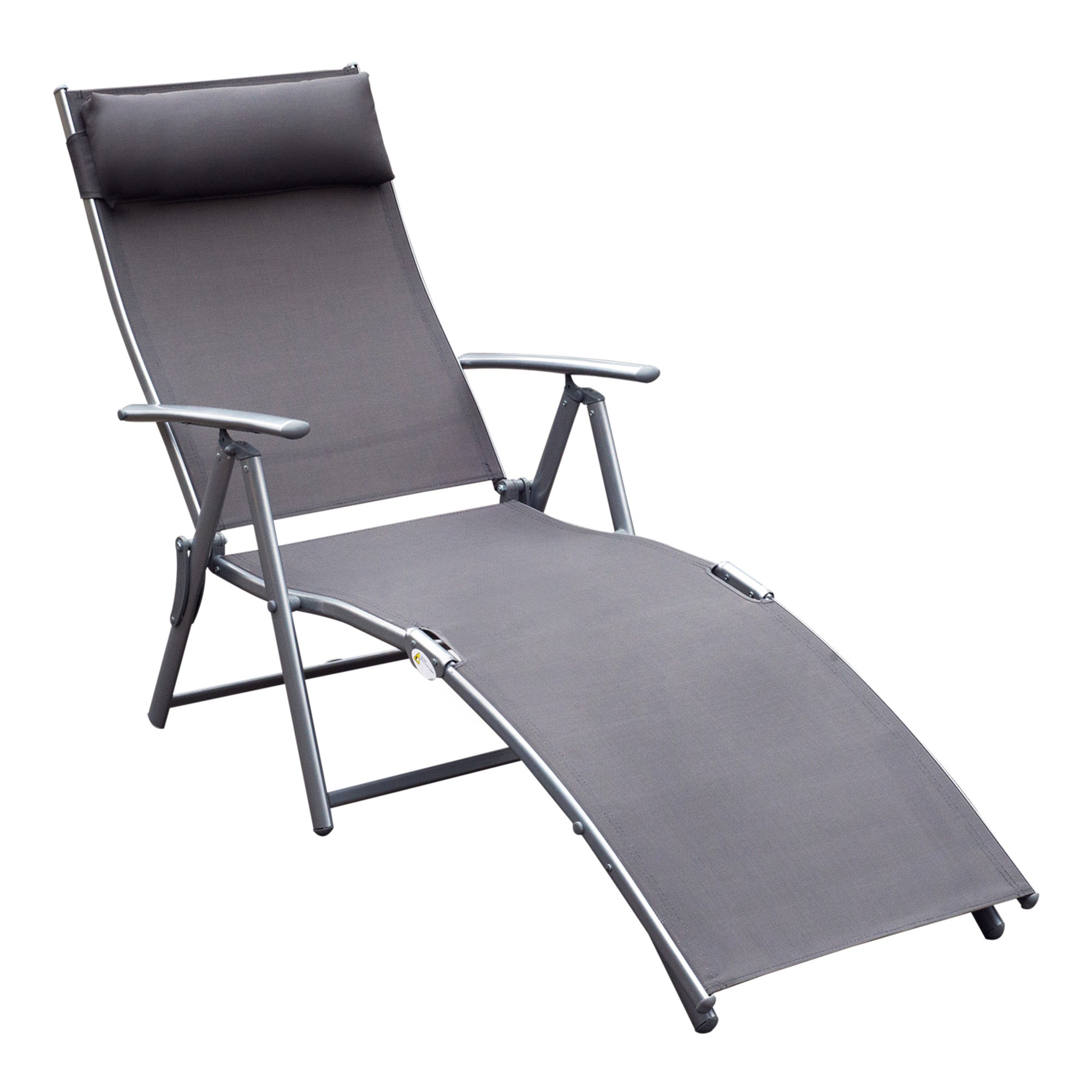 Outsunny Sun Lounger Steel Frame Outdoor Folding Chaise Texteline Lounge Chair Recliner with Headrest & 7 Levels Adjustable Backrest, Grey 
