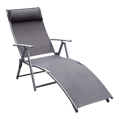Outsunny Sun Lounger Steel Frame Outdoor Folding Chaise Texteline Lounge Chair Recliner with Headrest & 7 Levels Adjustable Backrest, Grey 
