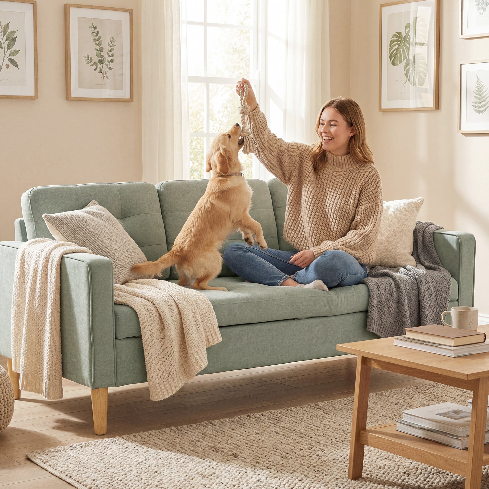 HOMCOM 3 Seater Sofa, 169cm Couch with Hidden Storage, Wood Legs, Light Grey 