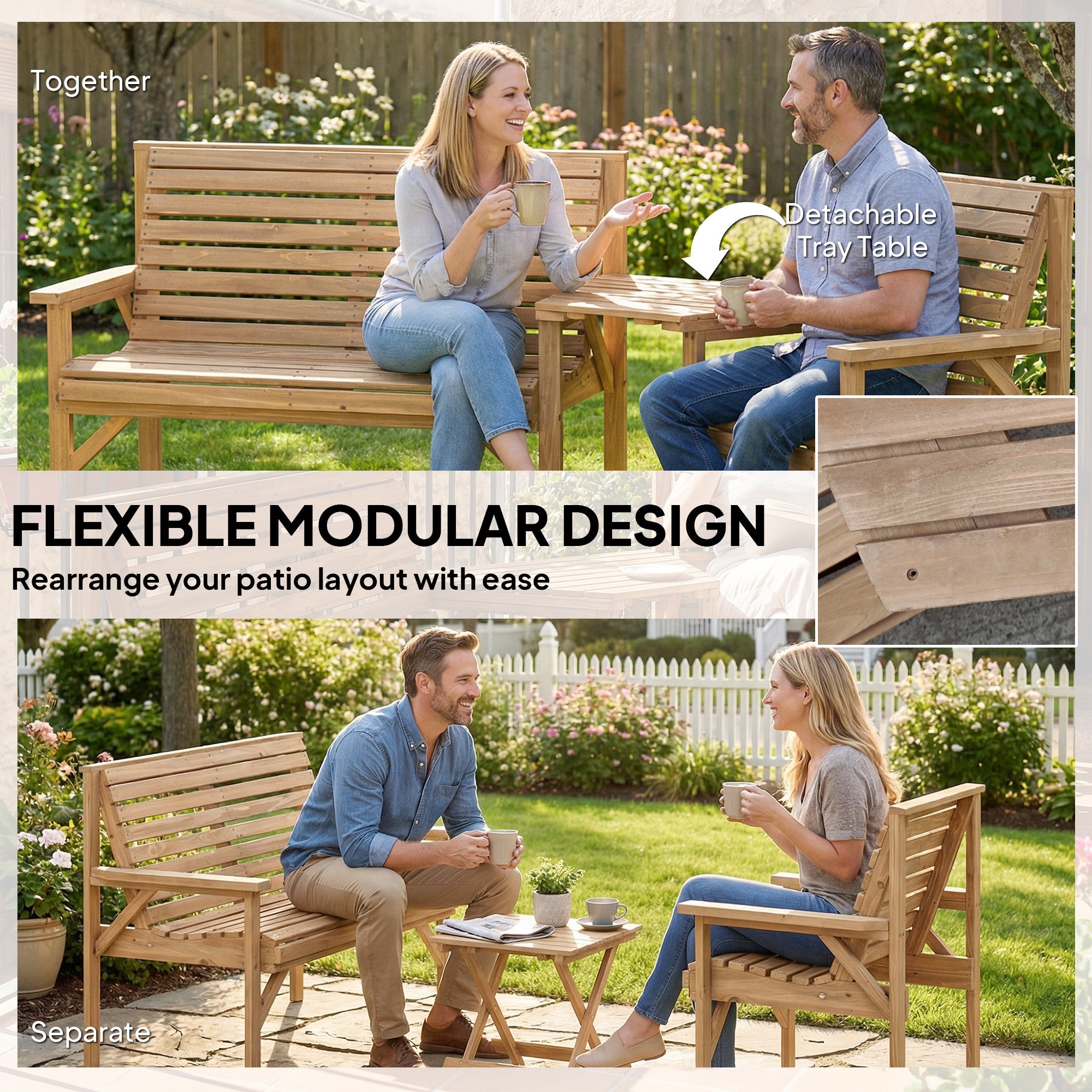 Outsunny Wooden Garden Furniture Set , 1 Chair, 1 Bench and Detachable Table, Natural Wood Finish 
