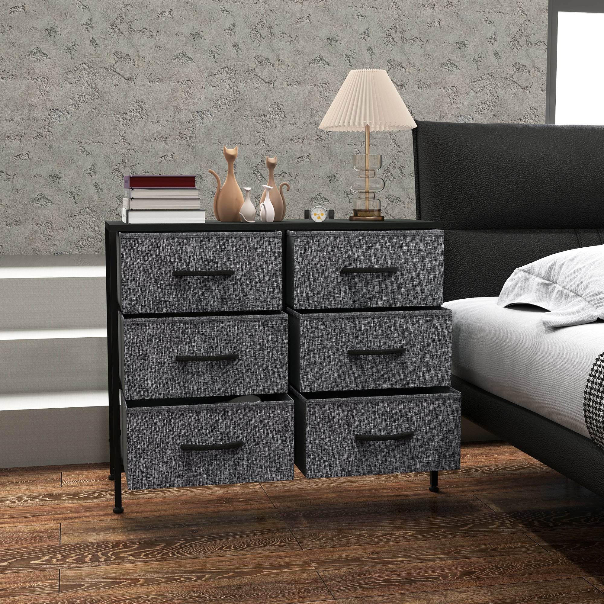 HOMCOM Fabric Chest of Drawers, Storage Drawers, Industrial Bedroom Dresser with 6 Fabric Drawers, Steel Frame and Wooden Top for Nursery, Living Room, Hallway, Black 