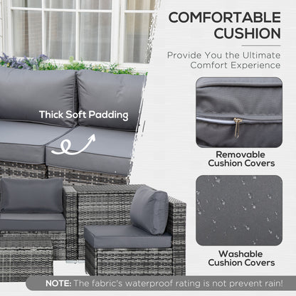 Outsunny 6PC Rattan Corner Sofa Set Wicker 4 Seater Garden Storage Coffee Table Conversation Ottoman Outdoor Weave Furniture w/ Cushion Grey 