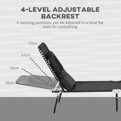 Outsunny Outdoor Foldable Sun Lounger Set of 2, 4 Level Adjustable Backrest Reclining Sun Lounger Chair with Pillow and Reading Hole, Black 