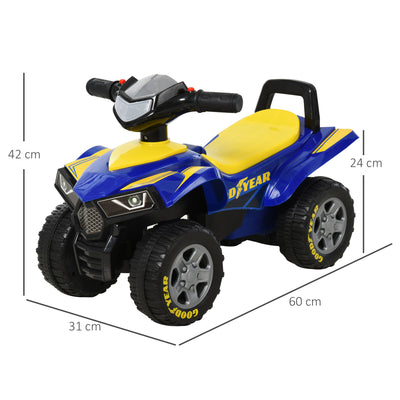 HOMCOM Baby Quad Bike Kids Ride On Car Goodyear Licensed Walker Foot To Floor Slider NO POWER w/ Lights Horn Storage Blue for 18-36 Months 