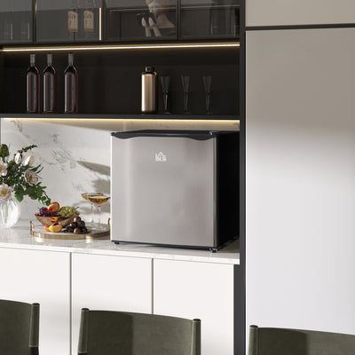 HOMCOM 46 Litre Table Top Mini Fridge, Small Fridge with Ice Box, Reversible Door, Adjustable Temperature and Legs for Bedrooms, Home Office, Silver Tone 