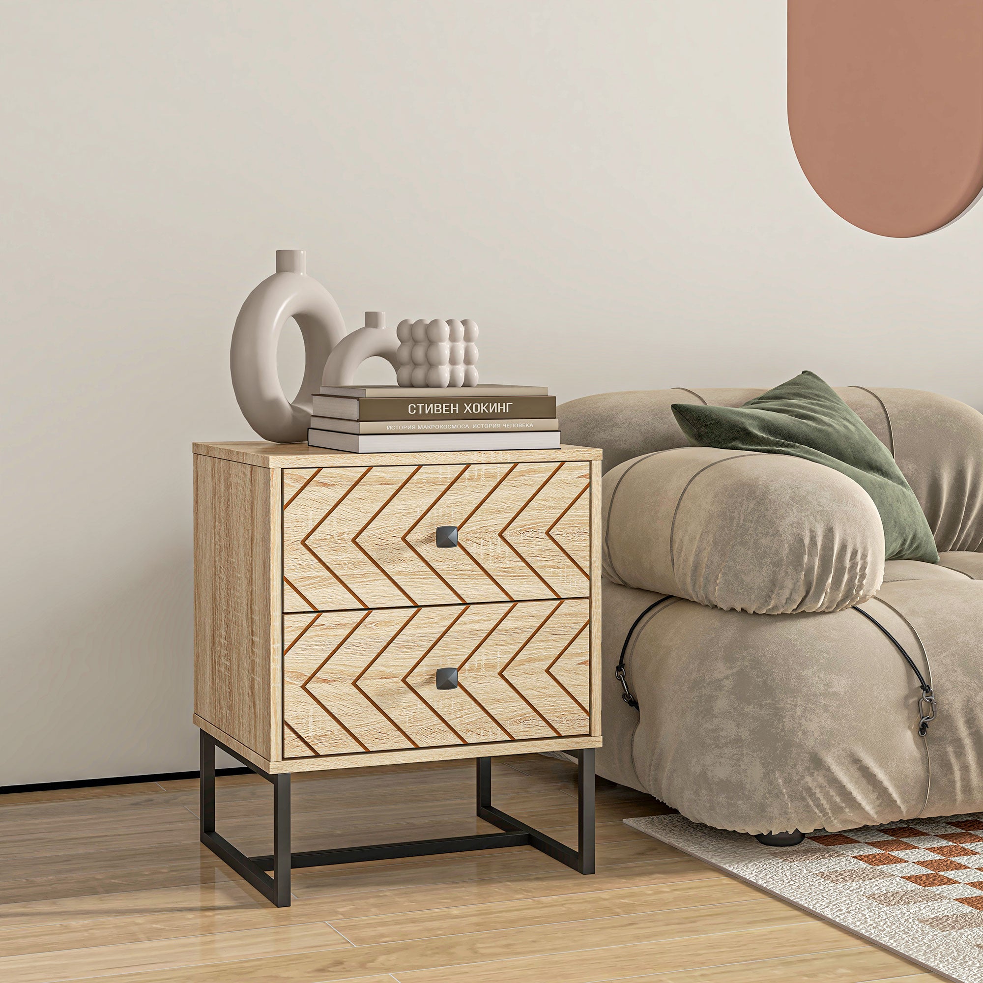 HOMCOM Bedside Table Nightstand Two-Drawer Bedroom Storage Unit Zig Zag Design with Black Metal Handles, Natural 