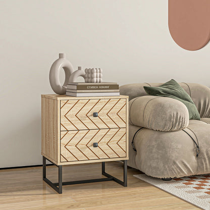HOMCOM Bedside Table Nightstand Two-Drawer Bedroom Storage Unit Zig Zag Design with Black Metal Handles, Natural 