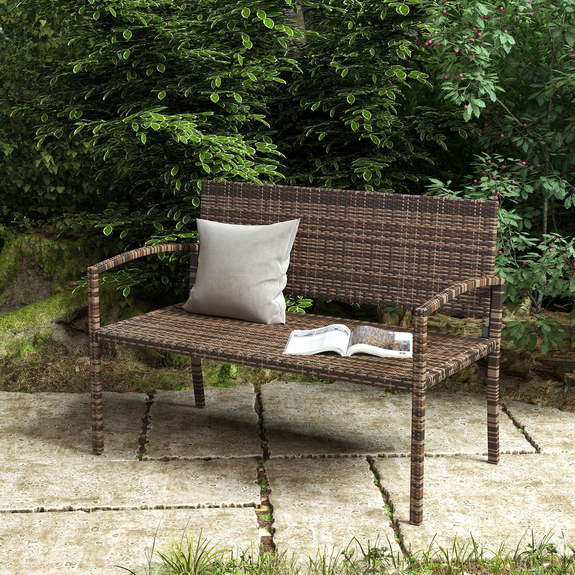 Outsunny All Weather Wicker Garden Loveseat, 2 Seater Poly Rattan Garden Bench, Outdoor Seating Bench Brown 