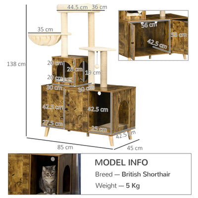 PawHut Cat Litter Box Enclosure, with Tree Tower, Cat House, Hammock, Cushion - Rustic Brown 