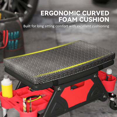 HOMCOM Rolling Mechanic Stool, 135kg Capacity Workshop Stool, 360° Swivel Roller Padded Creeper Seat with Wheels, Slide Out Tool Trays and Drawer for Garage, Shop, Auto Repair, Black 
