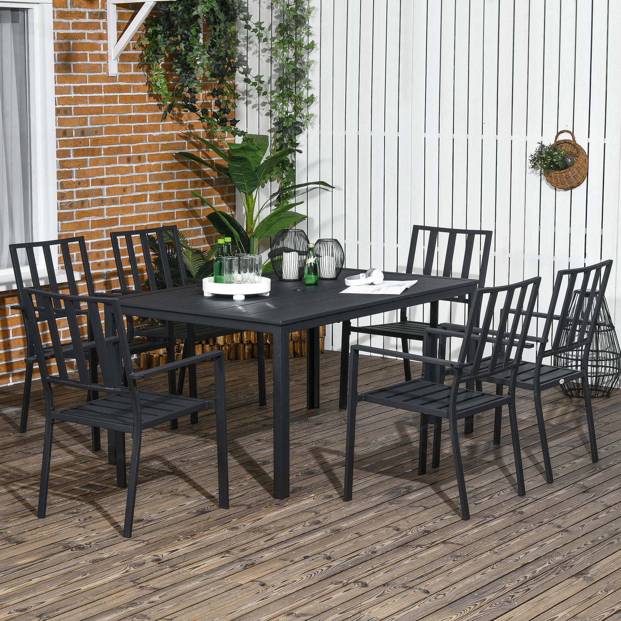 Outsunny Seven-Piece Minimal Metal Garden Dining Set, with Parasol Hole - Black