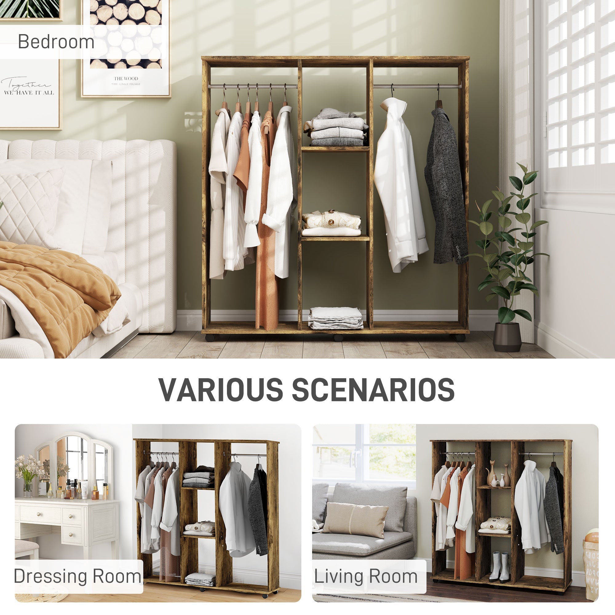 HOMCOM Open Wardrobe Double Mobile Storage Shelves Organizer W/6 Wheels-Rustic Brown 
