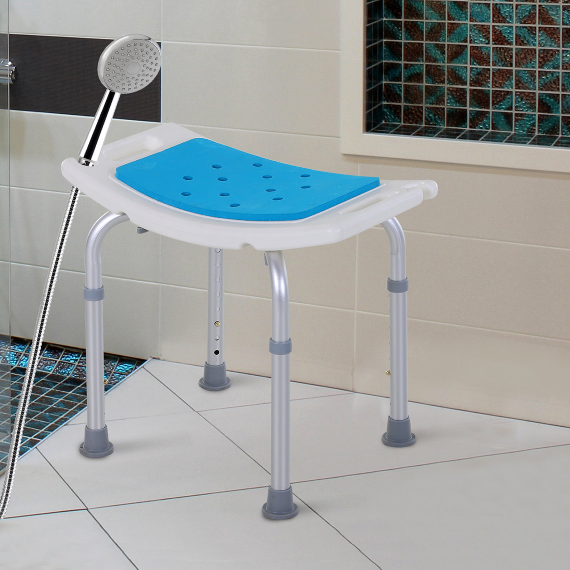 HOMCOM 6-Level Height Adjustable Aluminium Bath Room Stool Chair Shower Non-Slip Design w/ Padded Seat Drainage Holes Foot Pad, Blue 