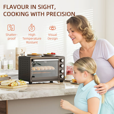 HOMCOM 28L Mini Oven with 2 Hot Plates, Countertop Toaster Oven, Grill, Roast, Bake, Boil, with Timer, Adjustable Temperature, Electric Oven with Baking Tray, Grill Rack, Crumb Tray, 2600W, Black 