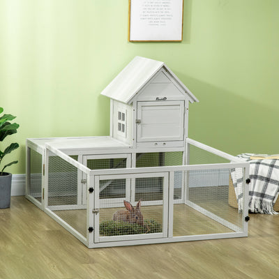 PawHut Indoor Rabbit Hutch, Guinea Pig Cage, with Slide-Out Tray, Large Fenced Area - Light Grey 